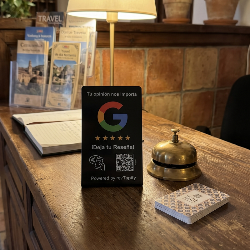 Cliente utilizando un soporte NFC RevTapify para acceder directamente al formulario de reseñas de Google.