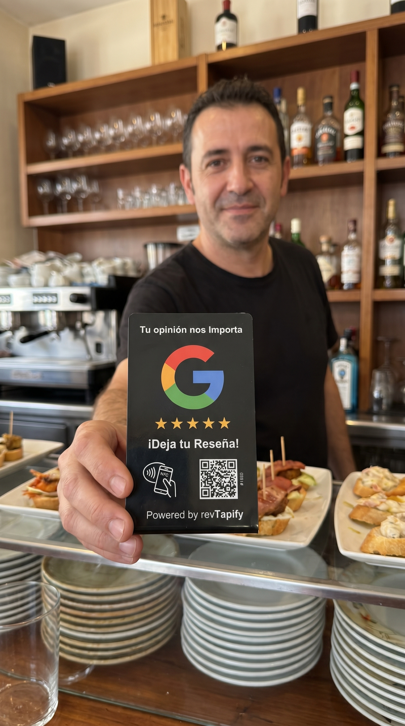 Cliente acercando su teléfono a un dispositivo NFC RevTapify en un restaurante para compartir su experiencia.